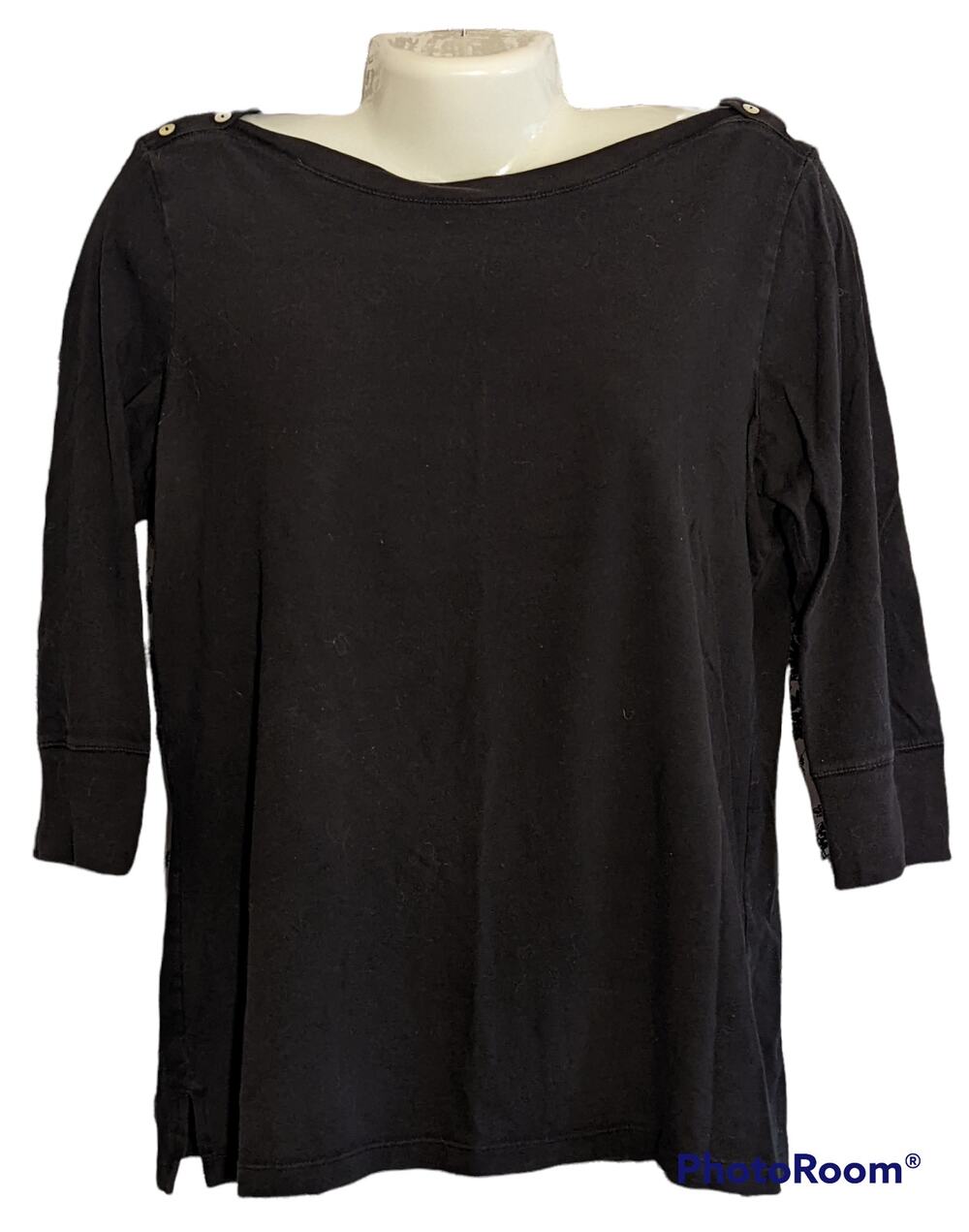 White Stag Black 3/4 Shoulder Button Boat Neck Tee Shirt Top L 12/14